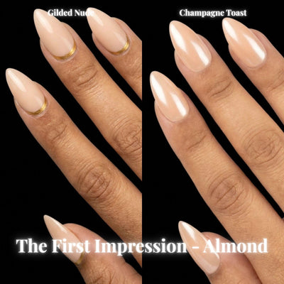 A two-up product collage on a black background featuring The First Impression - Almond press-on nail bundle, displaying all included sets — Gilded Nude, Champagne Toast