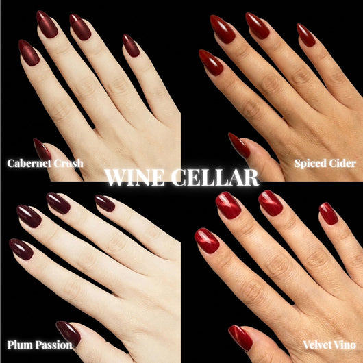 A four-up product collage on a black background featuring The Wine Cellar press-on nail bundle, displaying all included sets — Cabernet Crush, Spiced Cider, Plum Passion, Velvet Vino