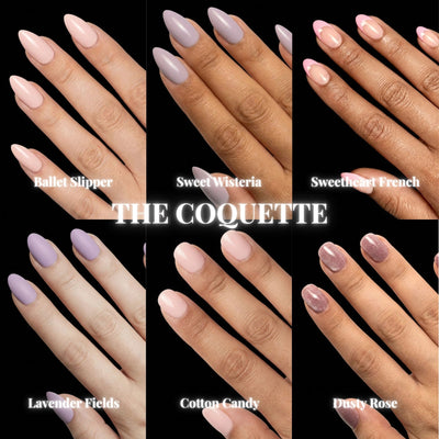 A six-up product collage on a black background featuring The Coquette press-on nail bundle, displaying all included sets — Ballet Slipper, Sweet Wisteria, Sweetheart French, Lavender Fields, Cotton Candy, Dusty Rose