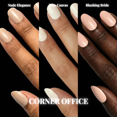 A three-up product collage on a black background featuring Corner Office press-on nail bundle, displaying all included sets — Nude Elegance, Pure Canvas, Blushing Bride