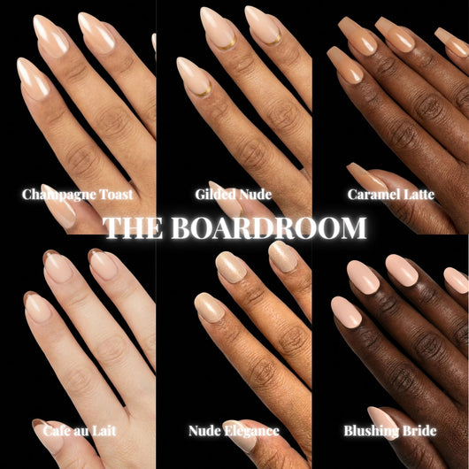 A six-up product collage on a black background featuring The Boardroom press-on nail bundle, displaying all included sets — Champagne Toast, Gilded Nude, Caramel Latte, Cafe au Lait, Nude Elegance, Blushing Bride
