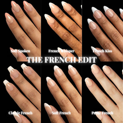 A six-up product collage on a black background featuring The French Edit press-on nail bundle, displaying all included sets — Soft Spoken, French Whisper, French Kiss, Classic French, Soft French, Petite French