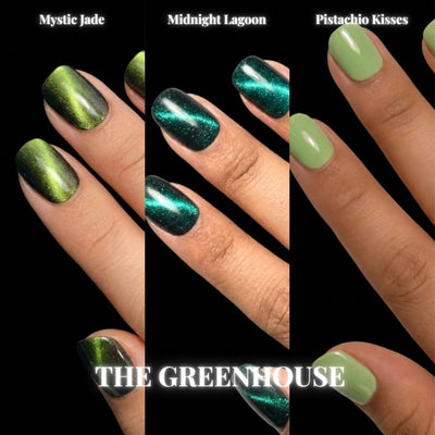 A three-up product collage on a black background featuring The Greenhouse press-on nail bundle, displaying all included sets — Mystic Jade, Midnight Lagoon, Pistachio Kisses