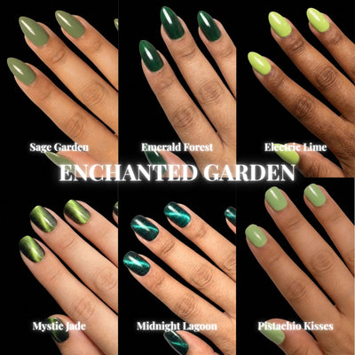 A six-up product collage on a black background featuring The Enchanted Garden press-on nail bundle, displaying all included sets — Sage Garden, Emerald Forest, Electric Lime, Mystic Jade, Midnight Lagoon, Pistachio Kisses