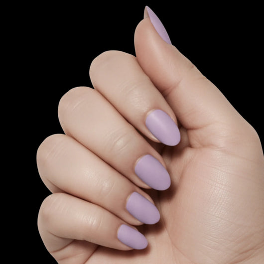 Lavender Fields press-on nail set - short oval nails in soft lavender-purple with glossy finish, dorsal view