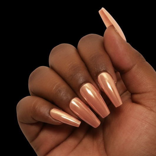 Rose Gold Rush press-on nail set - long coffin nails in rose gold chrome metallic finish, dorsal view
