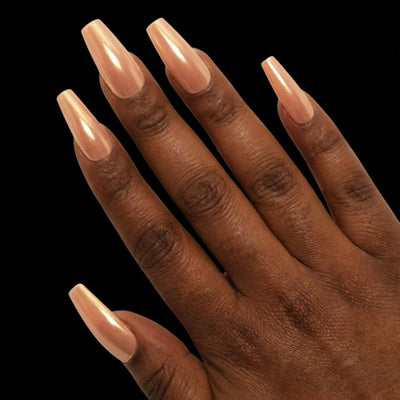 Rose Gold Rush press-on nail set - long coffin nails in rose gold chrome metallic finish, fan pose arrangement