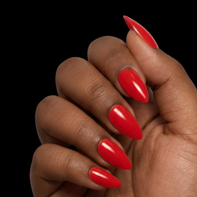Cherry on Top press-on nail set - short almond nails in cherry-red with glossy finish, dorsal view