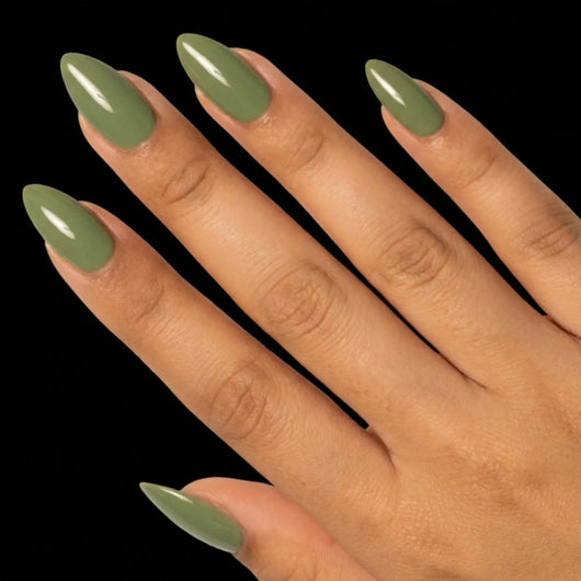 Short Almond in Green press-on nails on medium skin tone - Sage Garden Instant Manicure.