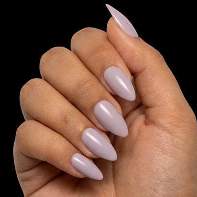 Sweet Wisteria press-on nail set - short almond nails in soft wisteria-purple with glossy finish, dorsal view