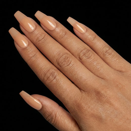 Short Coffin in Brown press-on nails on medium skin tone - Caramel Latte Instant Manicure.