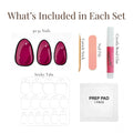 Instant Manicure press-on nail set contents — press-on nails, glue, adhesive tabs, prep pad, nail file, and cuticle stick
