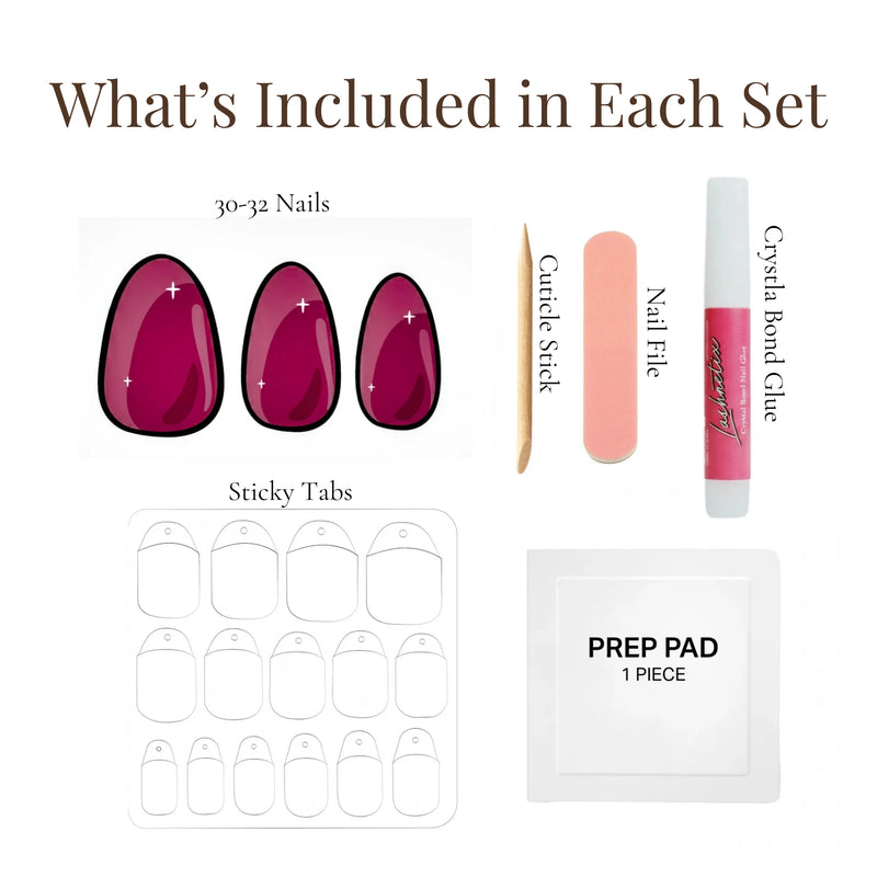 Instant Manicure press-on nail set contents — press-on nails, glue, adhesive tabs, prep pad, nail file, and cuticle stick