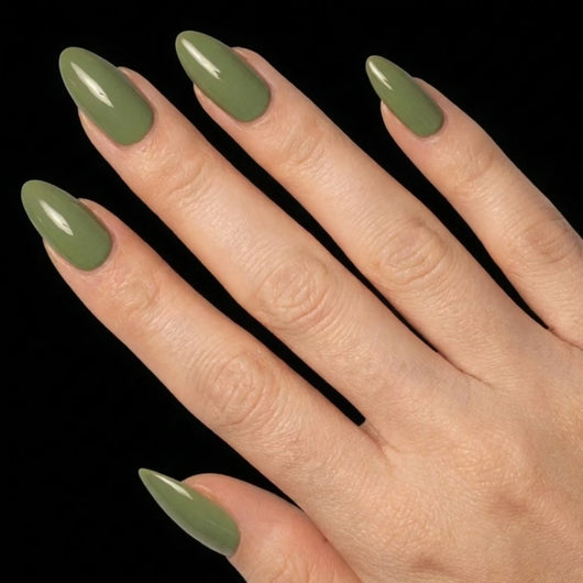 Short Almond in Green press-on nails on light skin tone - Sage Garden Instant Manicure.
